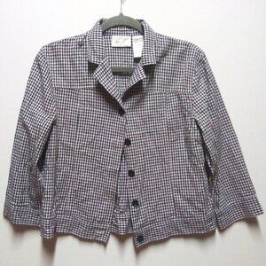 Kathie Lee Womens crop top Gingham plaid LINEN BLEND Sz S boxy collared buttons